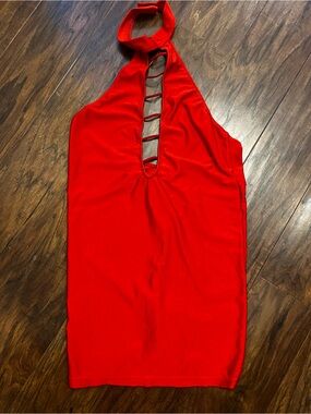 Backless Red Halter Mini Dress with Ladder Detail